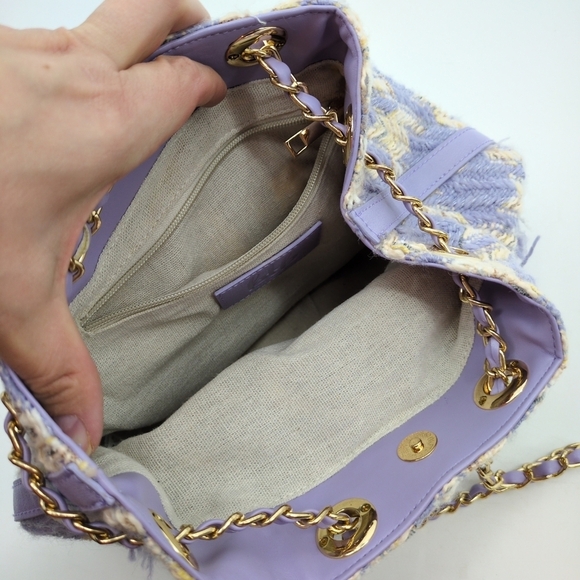 BTB Los Angeles Colette Bucket Bag Tweed Purple and Cream Purse Chain Strap - Picture 10 of 14